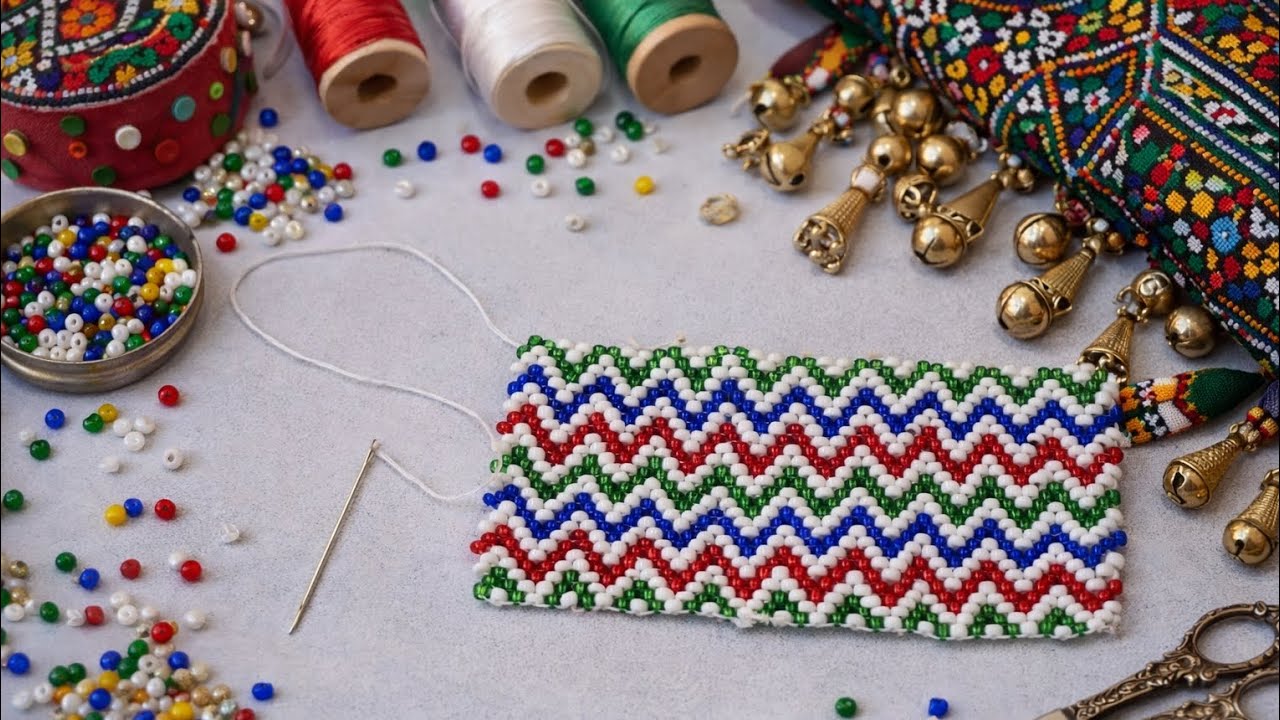 کمربند گند افغانی (Part 1) دست‌دوز با طرح سنتی Handmade Afghan Beaded Belt with Traditional Pattern