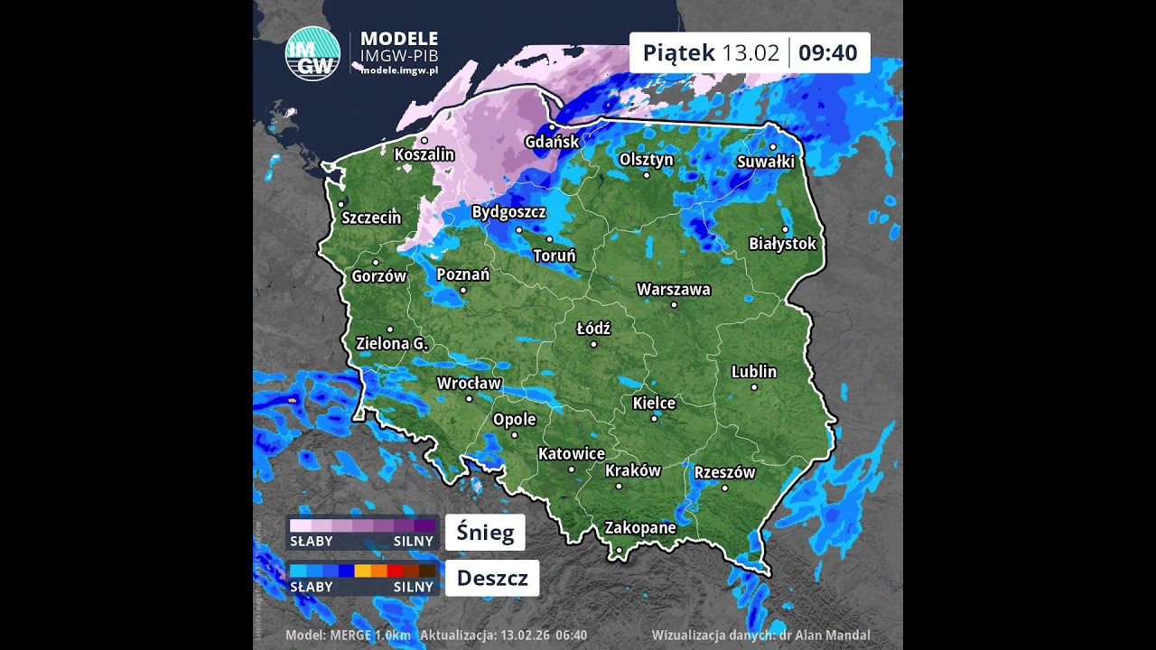 Prognoza opadu na 8 godzin (Model MERGE) 13.02.2026 #ostrzeżenia  #imgw  #ostrzeżenia  #news