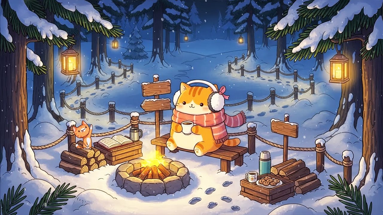 Meow Lofi Winter 🌲🔥 Cozy Forest Campfire Beats for Deep Sleep, Relax & Snowfall