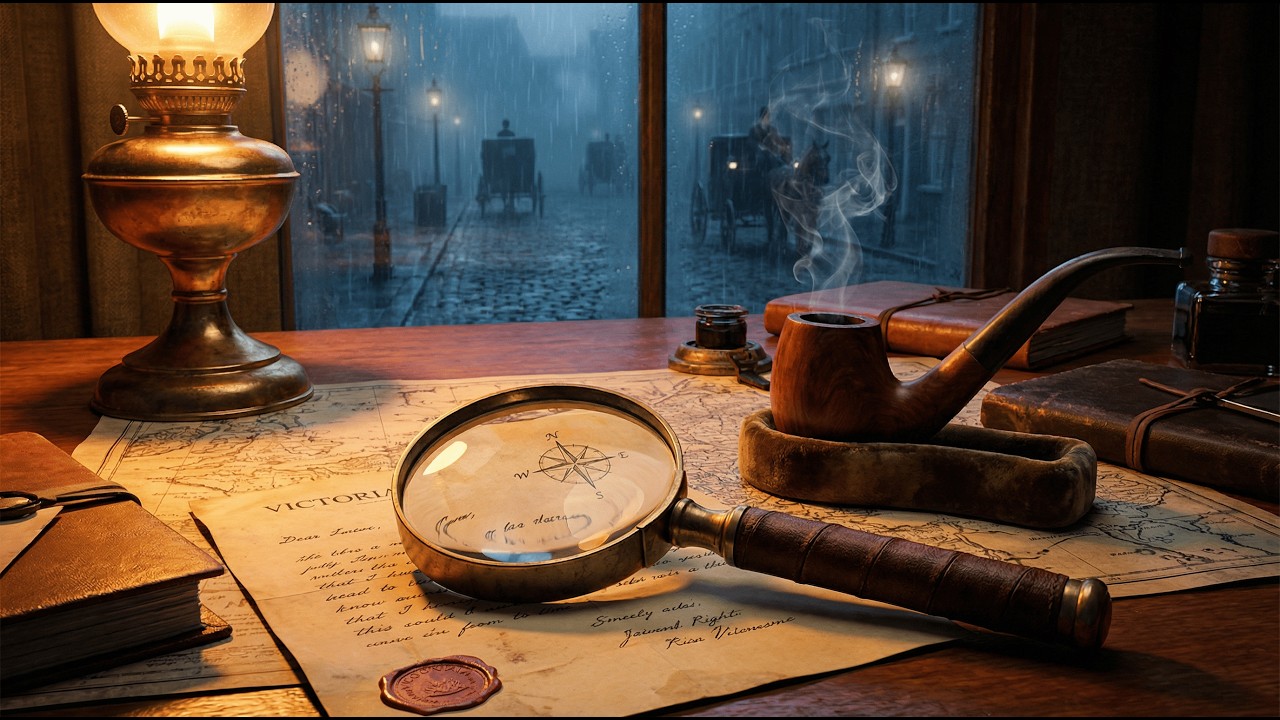 Victorian Detective's Office - Rainy London Ambience, Fireplace & Violin Music [1 Hour]