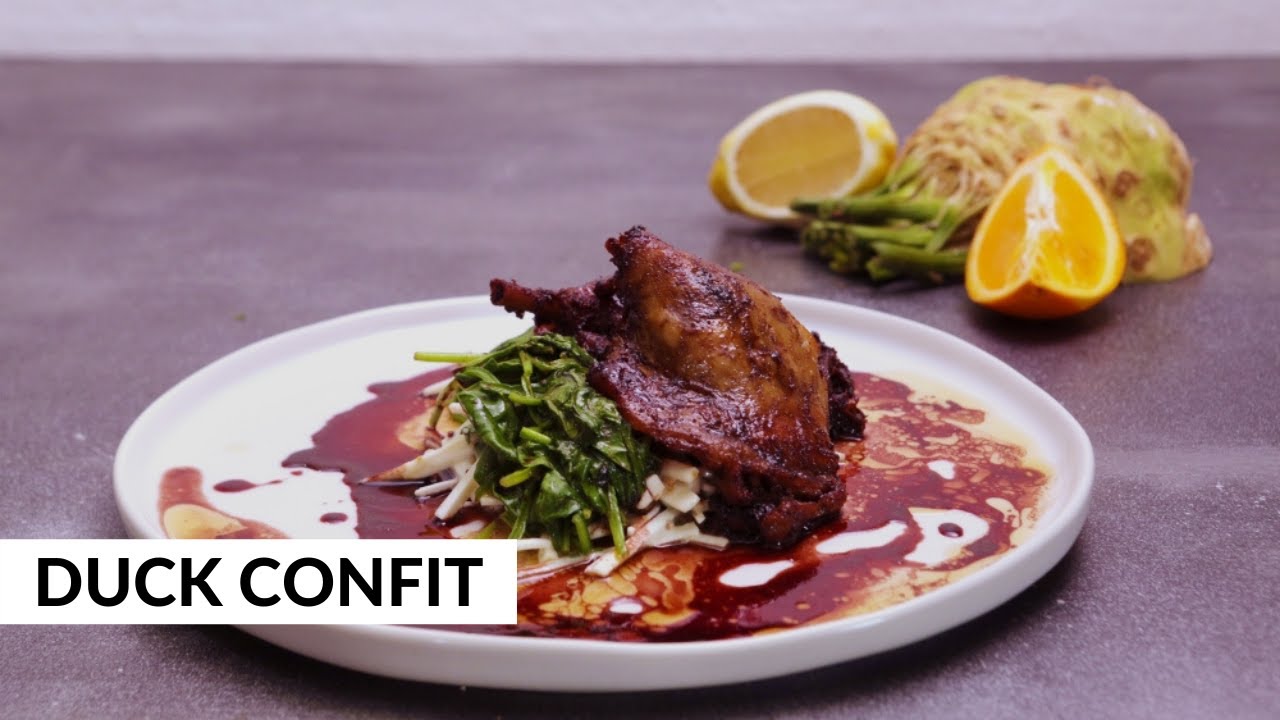 Duck Confit with Celeriac, Spinach & Red Wine Glaze by Rob Rees