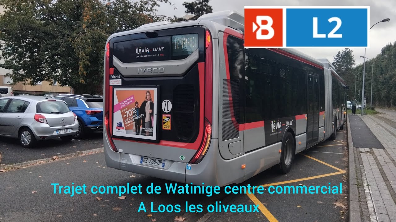 Bus Liane 2 ilevia urbanway 18 GNV Hybride n°8907 trajet complet de centre commercial à les oliveaux
