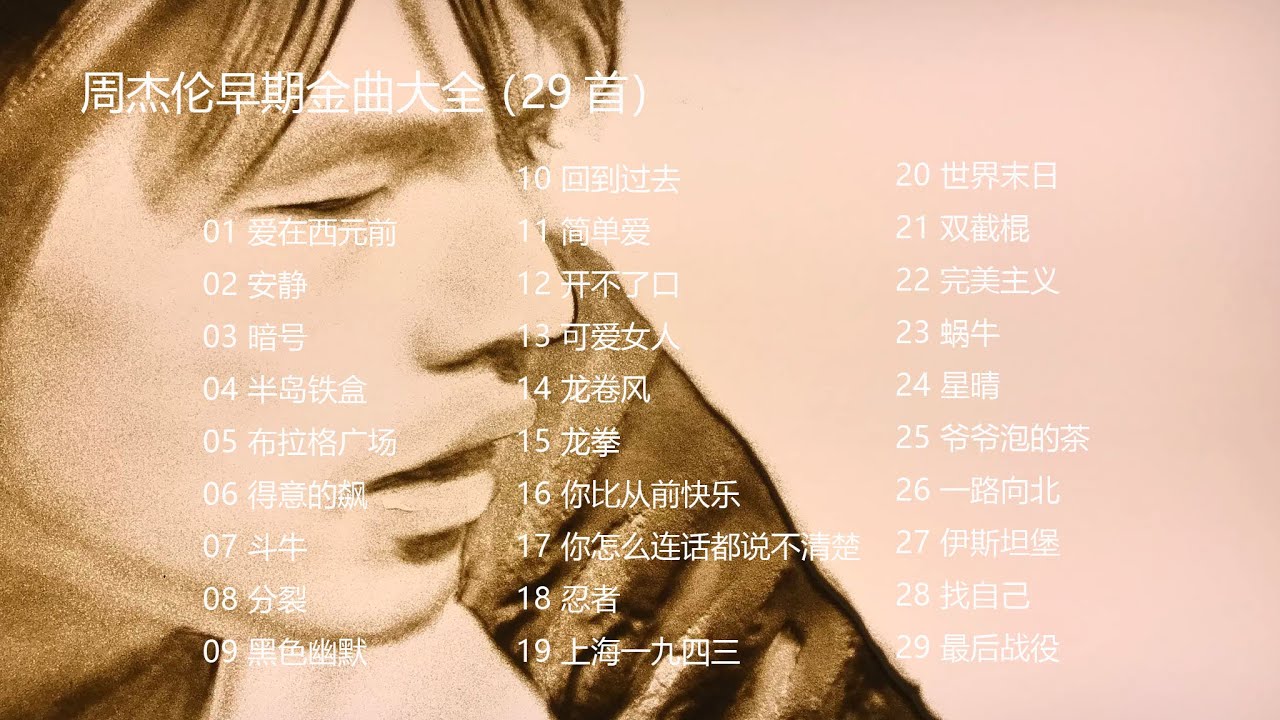 周杰伦早期金曲合集-爱在西元前-安静-暗号-半岛铁盒-布拉格广场-回到过去-简单爱-开不了口-可爱女人-龙卷风-龙拳-你比从前快乐-忍者-世界末日-双截棍-完美主义-蜗牛-星晴-一路向北-最后战役