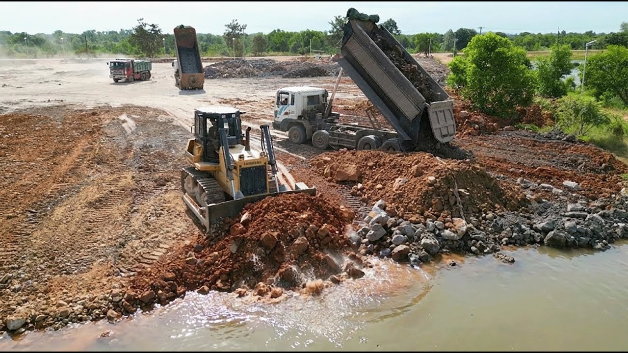 Part2 Huge Land Filling LiuGong By Bulldozer Pushing Clearing Land 15T Trucks Unloading Stone