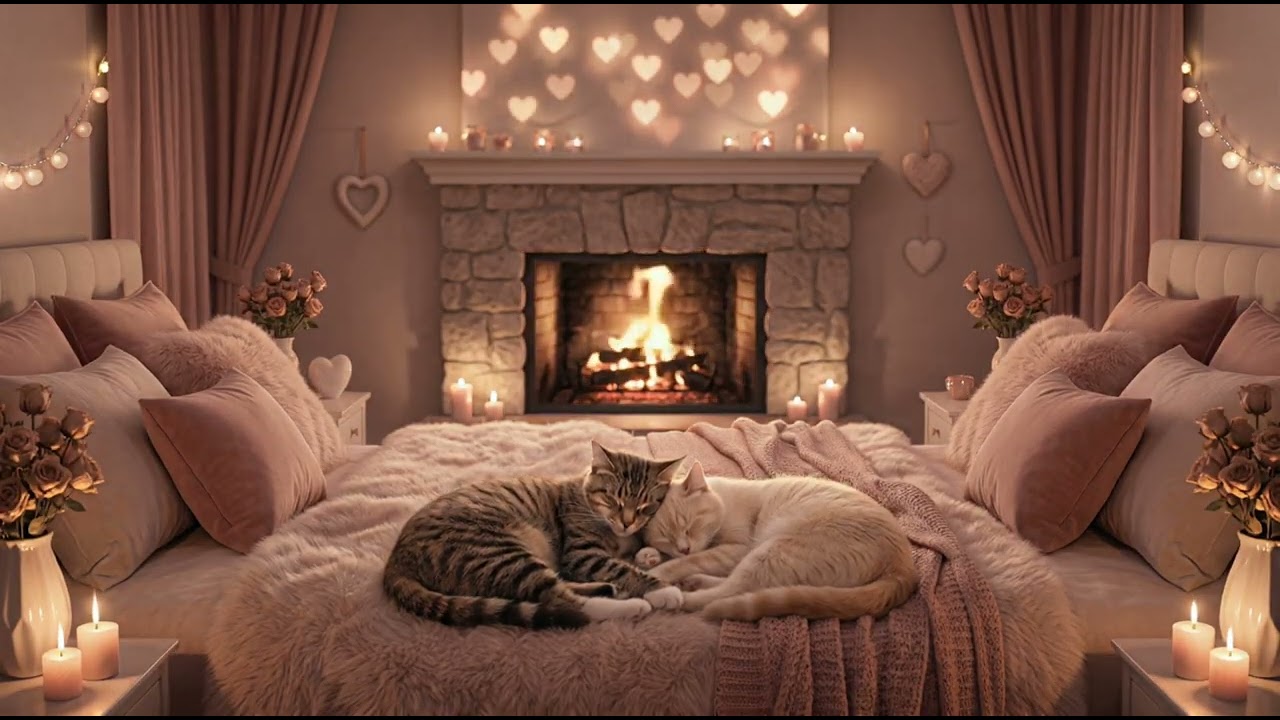 Love, Warmth & Calm on Valentine Day❤️ Sleeping Cats by the Fireplace