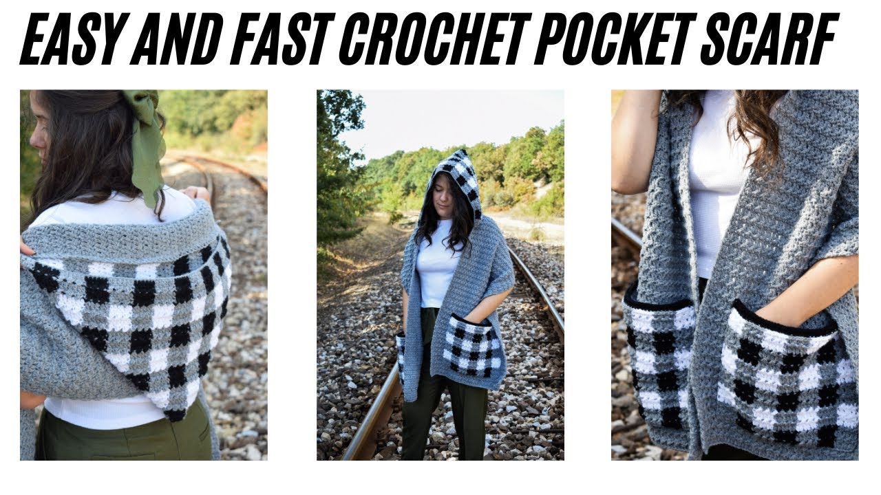 Easy and fast crochet pocket scarf with hood- Checkmate pocket scarf