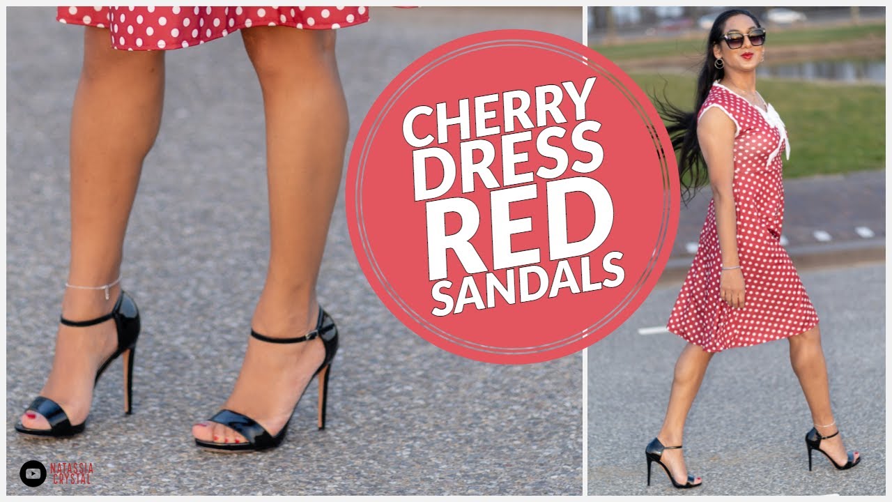 Crossdresser - red white polkadot dress and black heeled sandals | NatCrys