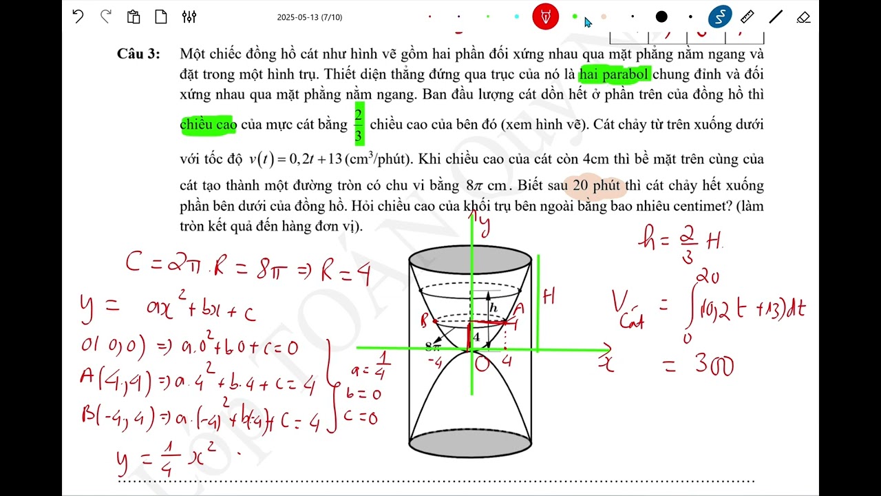 Toán 12: Câu 3: Một chiếc đồng hồ cát như hình vẽ gồm hai phần đối xứng nhau qua mặt phẳng nằm ngang
