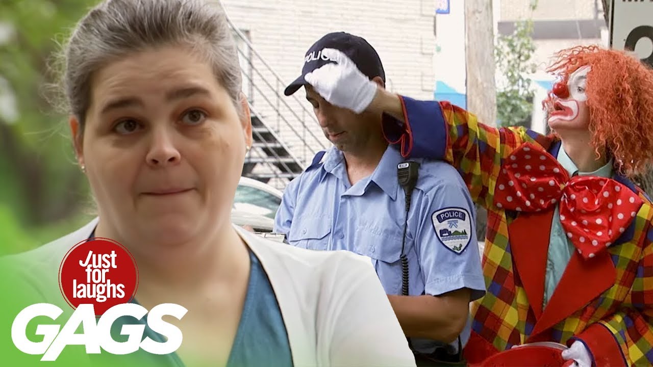 Clown Pranking Police Officer, Stuck in Cement, Falling in a Compost Bin Prank