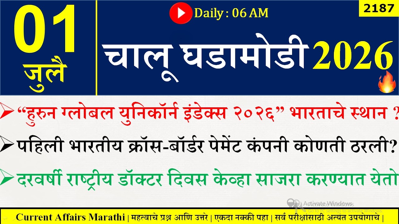 01 July 2026 | Daily Current Affairs 2026 | Current Affairs Today |Chalu Ghadamodi 2026 |Suhas Bhise