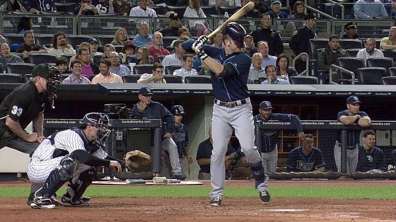 YOU CAN'T SEE ME! Evan Longoria shields eyes with his helmet