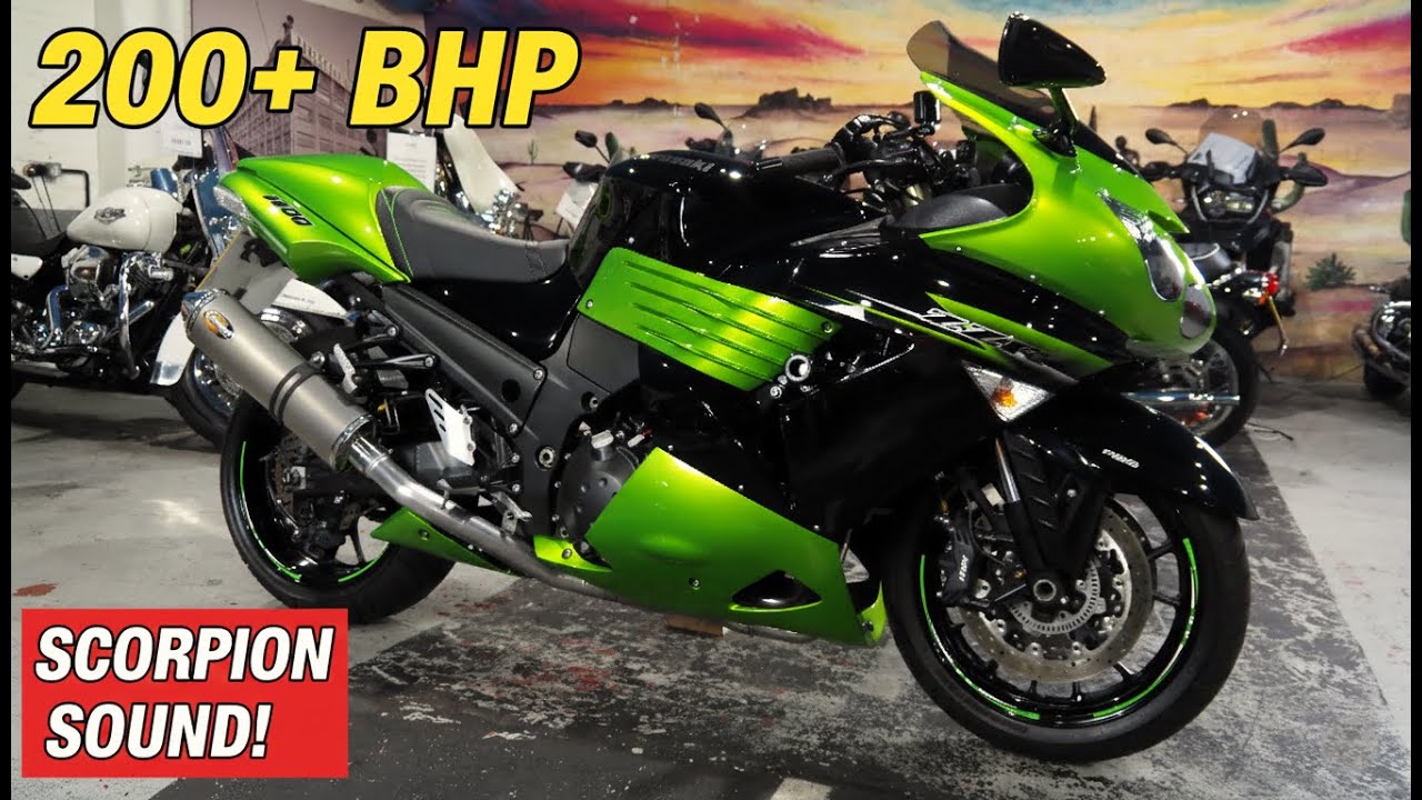 Звук двигателя Kawasaki ZZR1400! Запуск двигателя и осмотр мотоцикла с выхлопной системой Scorpio...