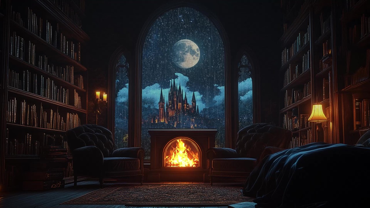 🌧️ Rainy Night Outside a Bedroom Window Facing a Castle | Rain on Glass, Fireplace Glow | Deep Sleep