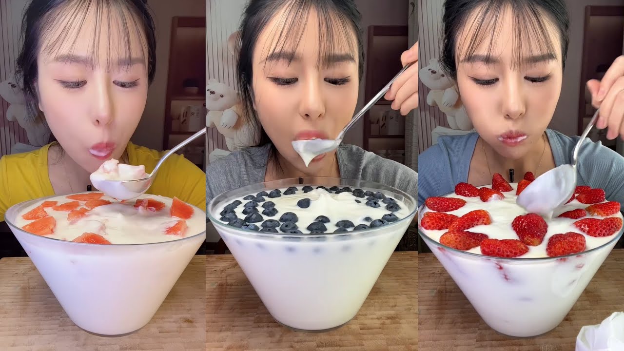 ASMR MUKBANG - YOGURT WITH FRESH FRUITS (PAPADA, BLUEBERRY, STRAWBERRY)