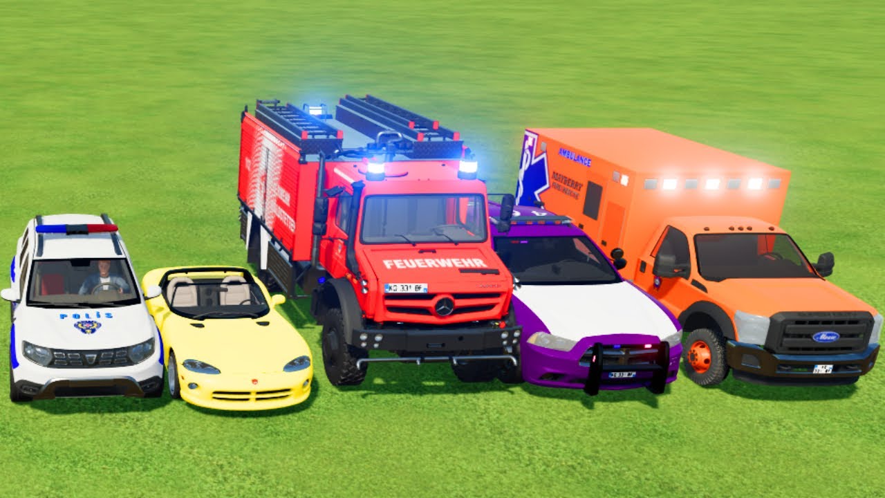 TRANSPORTING POLICE CARS, FIRE DEPARTMENT, AMBULANCE VEHICLES WITH TRUCKS ! Farming Simulator 22
