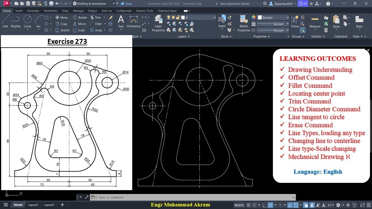 Упражнение 273 для AutoCAD | Пошаговое руководство по 2D-чертежам | Команды смещения, сопряжения ...
