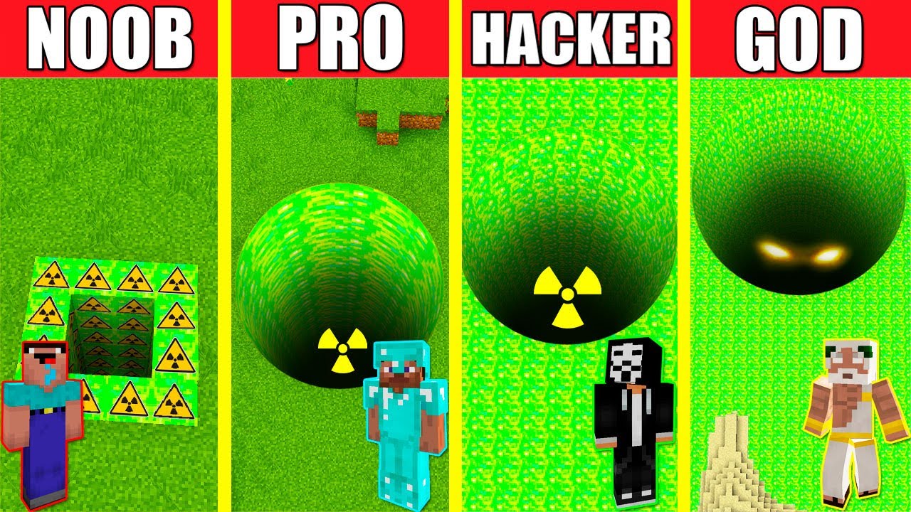 Minecraft Battle: RADIOACTIVE TOXIC TUNNEL HOUSE BUILD - NOOB vs PRO vs HACKER vs GOD / PIT HOLE