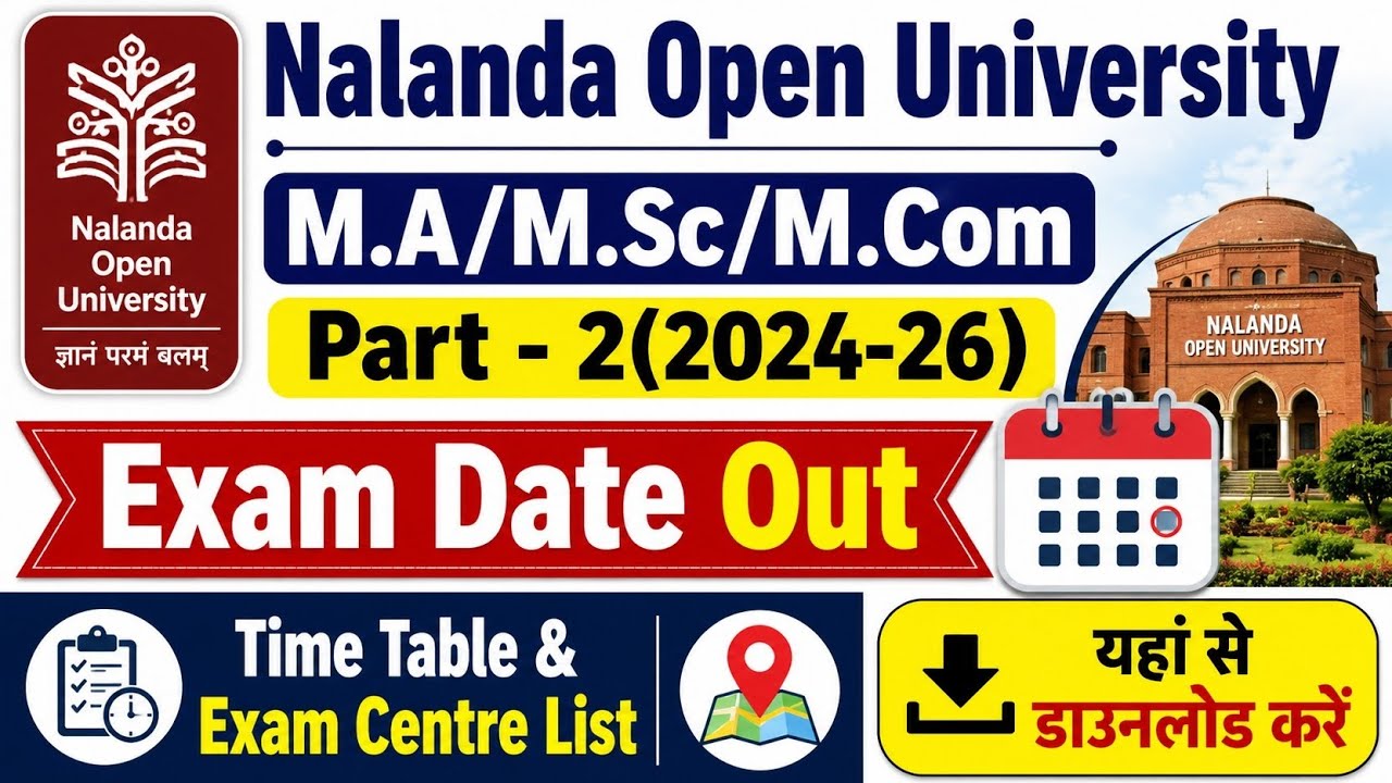 Nalanda Open University MA MSc MCom Part 2 Exam Date 2025 Out | Time Table & Exam Centre List Dow...