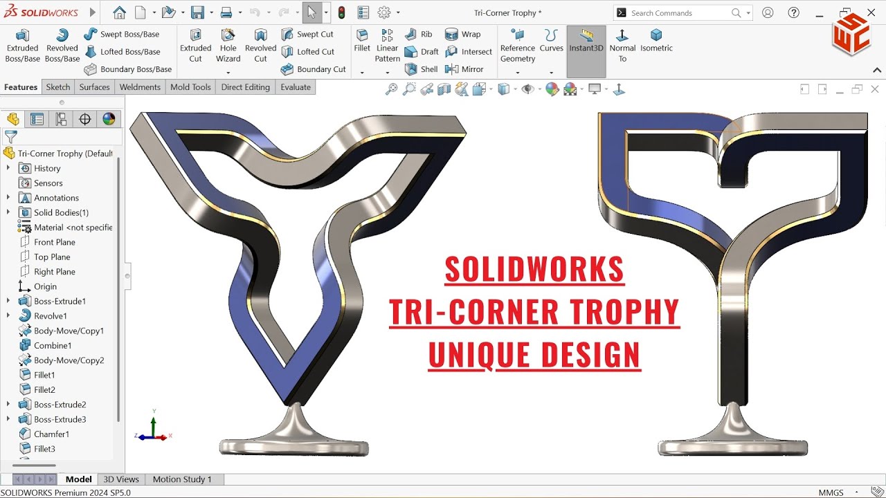 Учебное пособие по SolidWorks | Пошаговое моделирование реалистичного трёхугольного кубка