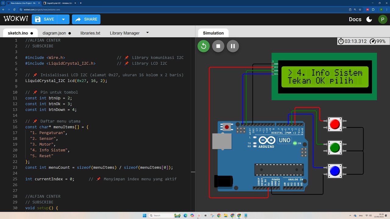 Belajar PEMROGRAMAN ARDUINO🔥!! Menu Navigasi LCD 16X2 I2C dengan Button! WOKWI🔥!!