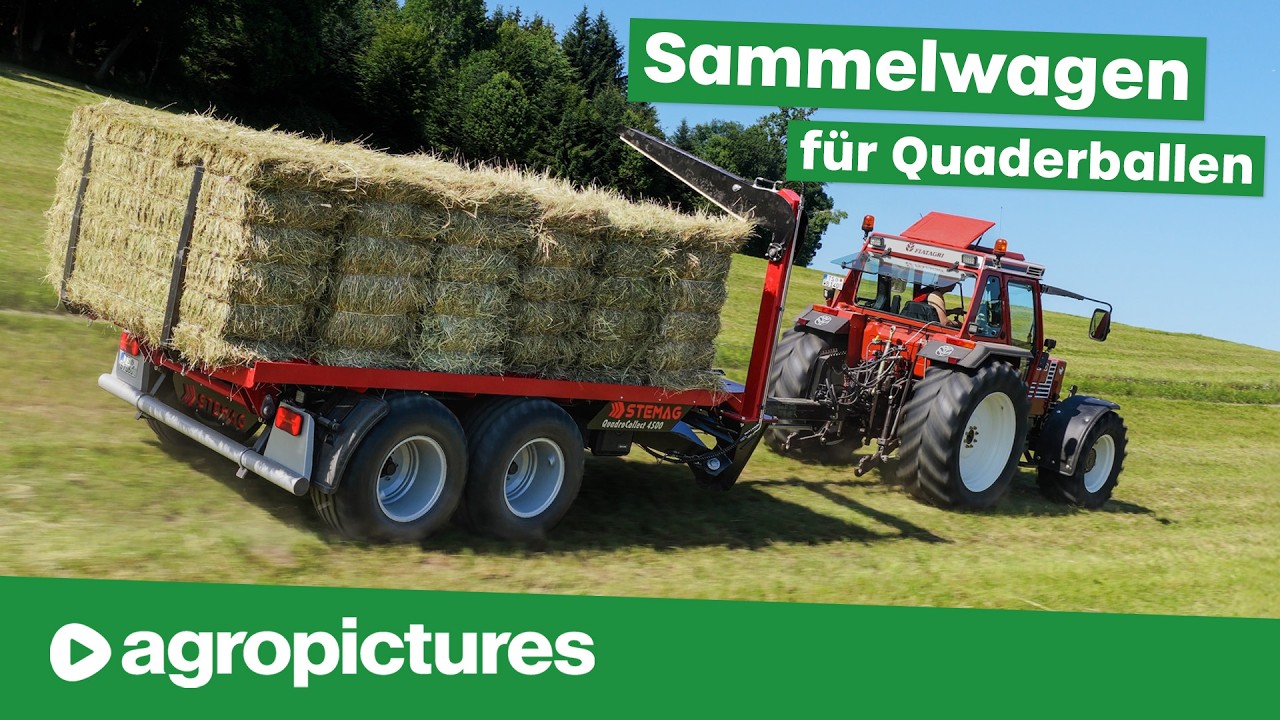Eigenbau Sammelwagen für Quaderballen | STEMAG QuadroCollect Ballensammelwagen beim Stroh Pressen