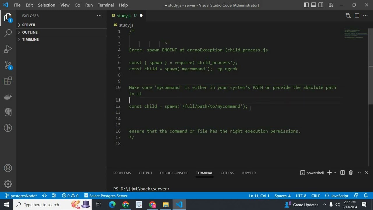 Error: spawn ENOENT at errnoException (child_process.js)  in node js solved