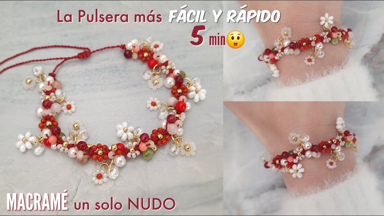 Como hacer PULSERA FÁCIL Y RÁPIDO con NUDO BÁSICO EN MACRAMÉ | PULSERAS con flores de mostacillas