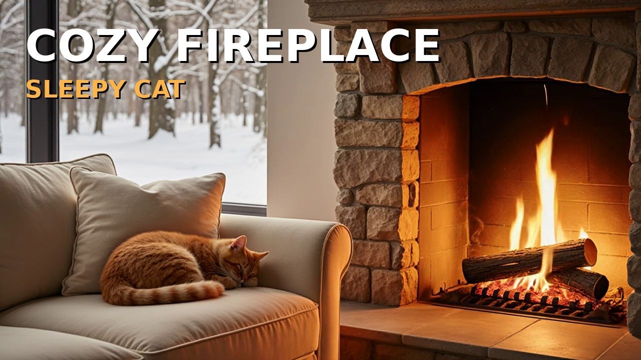 Cozy Fireplace 🔥 Sleepy Cat Ambience for Relax & Sleep