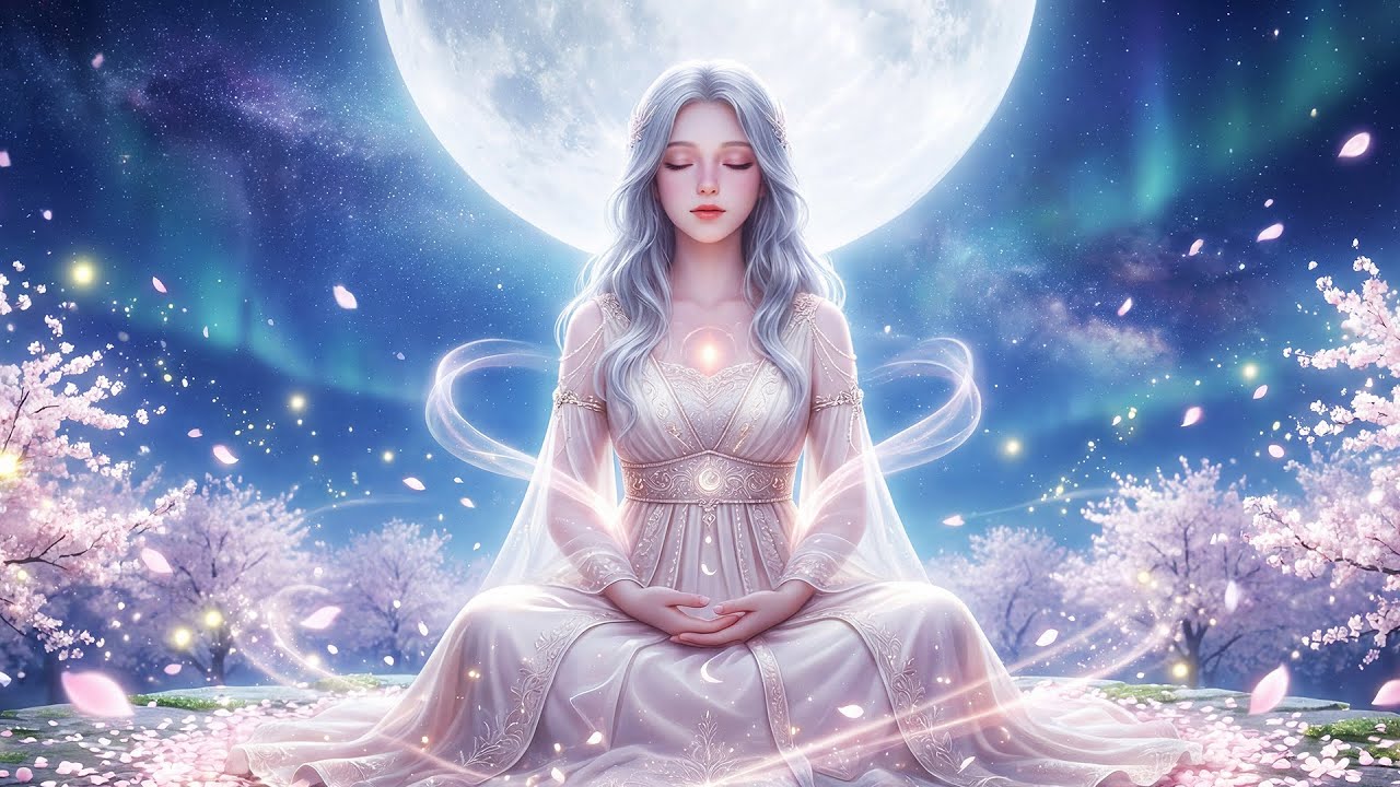 Sakura Moon Meditation 🌸 Healing Energy 528Hz & 963Hz | Deep Sleep • Heart Chakra
