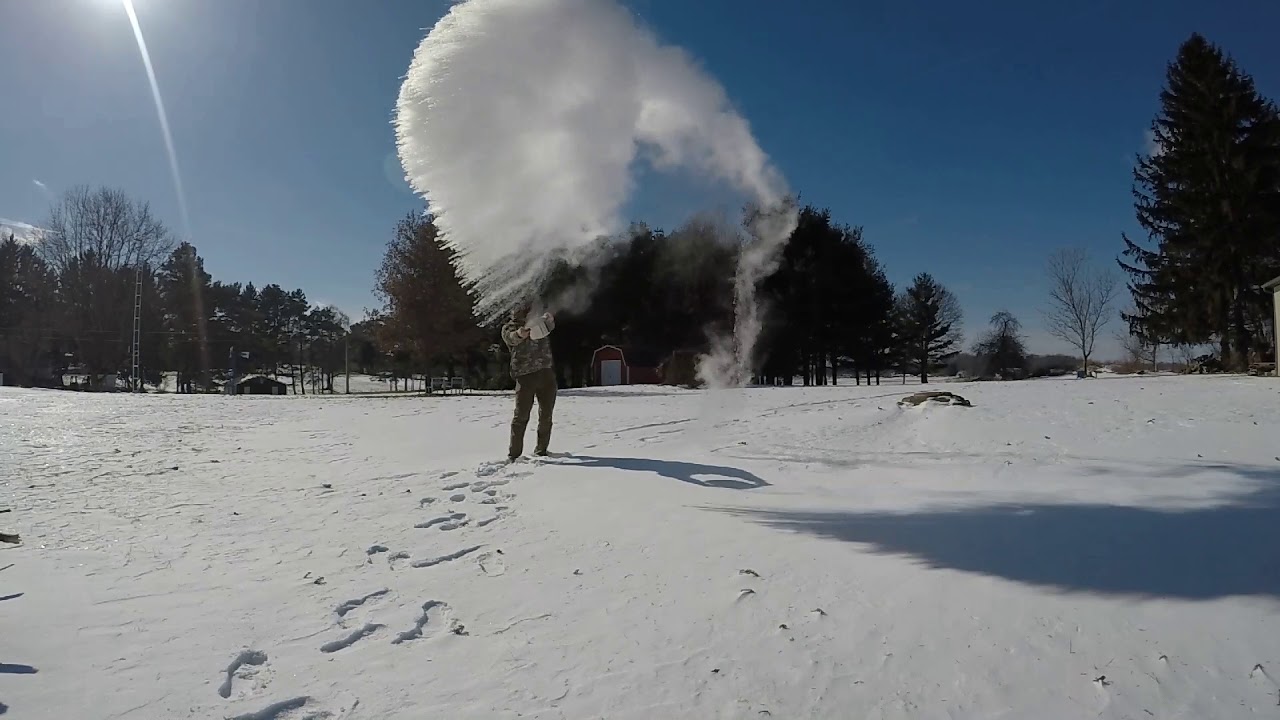 Boiling water turns to steam in sub zero temps