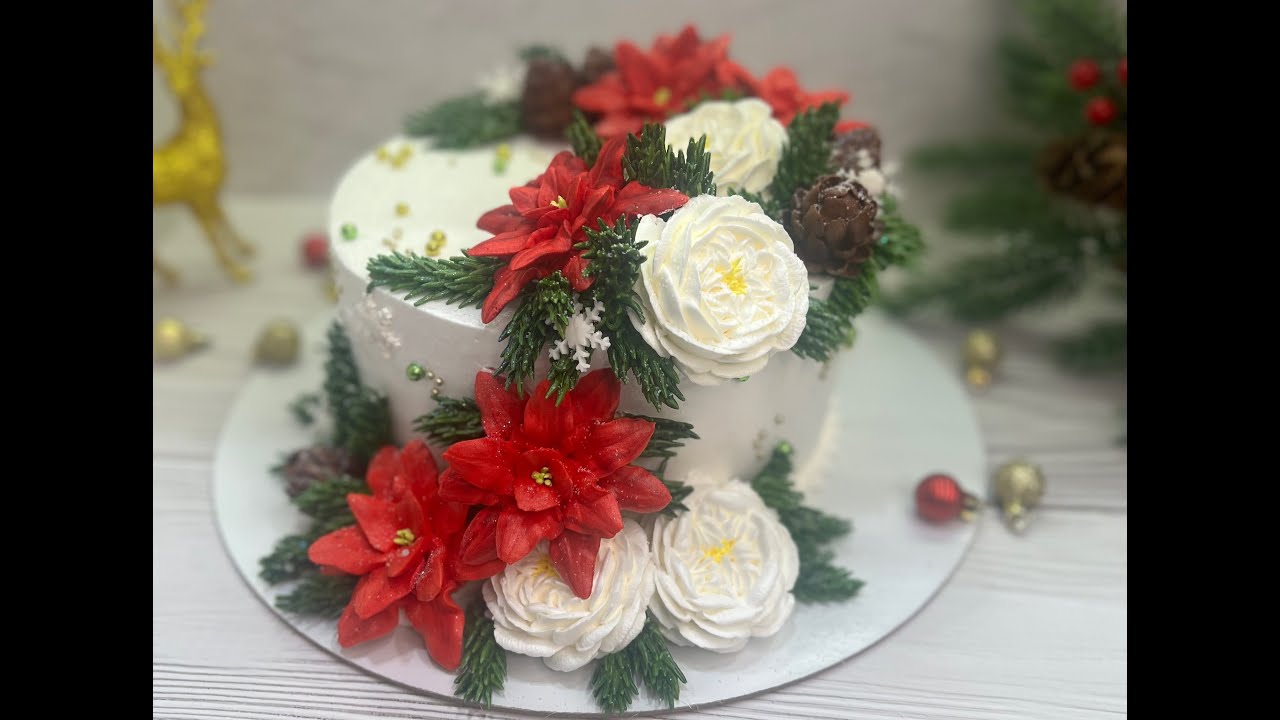 ТОРТ на НОВЫЙ год 2023🎄НОВОГОДНИЙ цветок БЕЗ насадок очень ПРОСТО 🤗НОВЫЙ год 2023❄️#красивыйторт