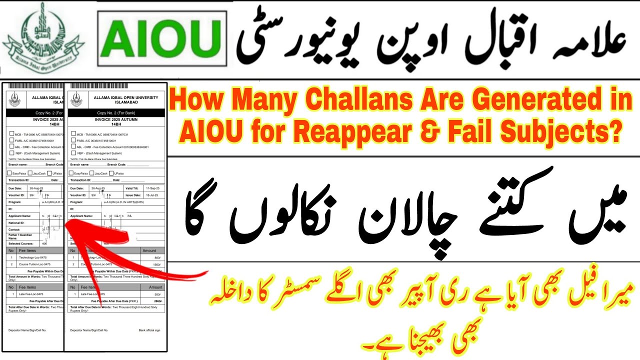 How Many Challans Are Generated in AIOU for Reappear & Fail Subjects?