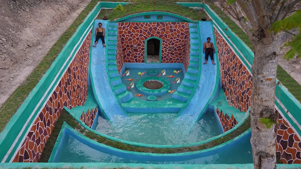 🏊✨ Building Twin Water Slides, Underground Pool & Stone Gym in a Forest Paradise! 🌳🍽️