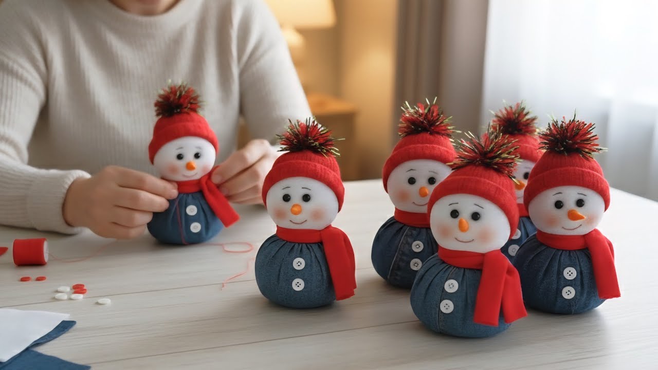 Faço 20 por dia e vendo todos , bonecos de neve de fuxico de jeans #artesanato #natal #tutorial 