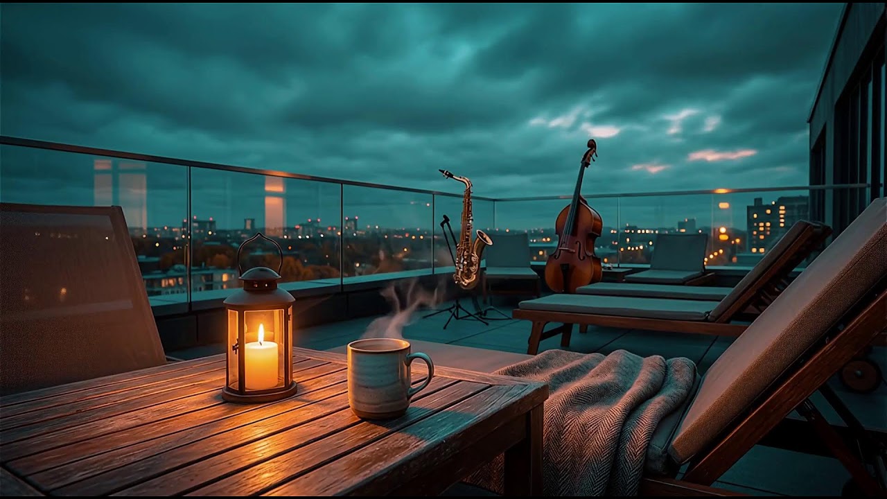 8K Cinematic: Rooftop Jazz Under Cloudy Sky | Ultra Static Ambience ASMR | Late Night Focus