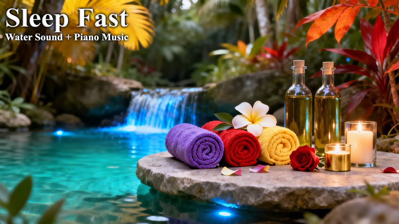 Sleep Fast with Tropical Waterfall & Soft Piano | Deep Sleep, Relaxing Water Sounds