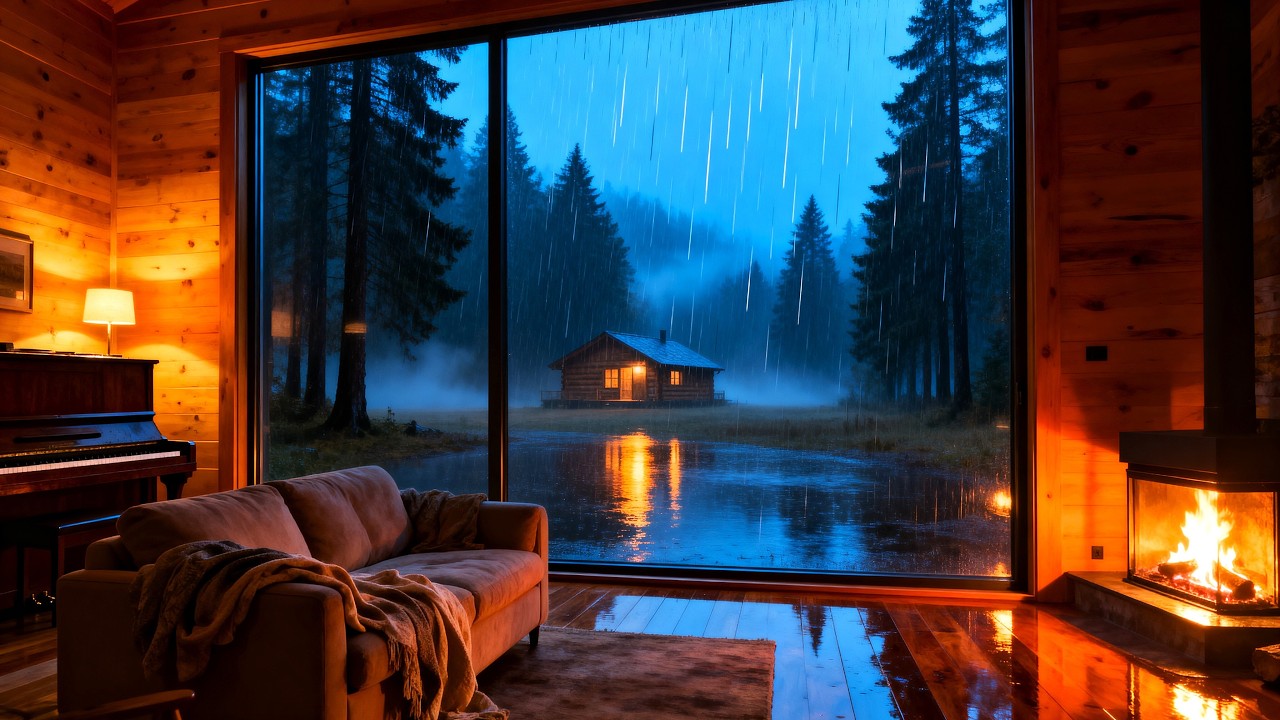 Дождливый лес Пианино Джаз 🌧️🔥 Уютная хижина Камин Ночная атмосфера