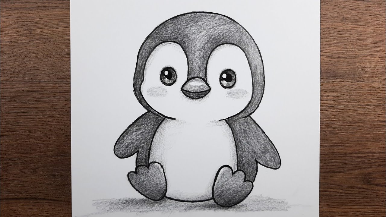 Çok kolay karakalem penguen resmi nasıl çizilir, Adım adım kolay öğretici hayvan çizimi