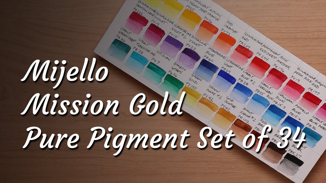 Mijello Mission Gold Pure Pigment Set of 34 Tubes: Pour & Swatchchart