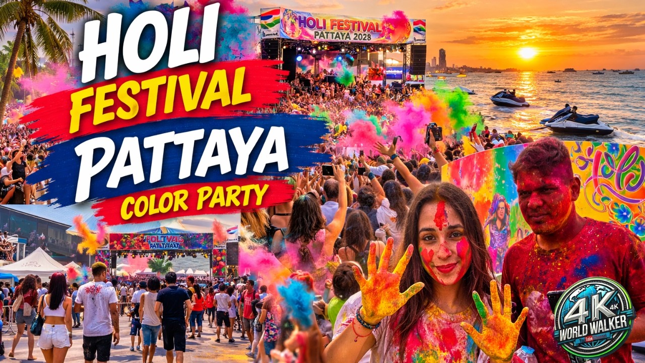 Holi Festival Pattaya 2026 🎨 Crazy Colors on Beach Road | Thailand Walking Tour 4K