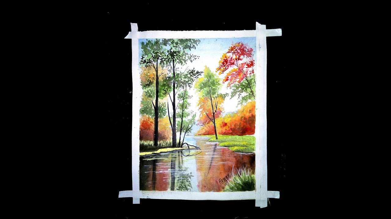 A Beautiful landscape painting with water colour. Autumn Scenery painting