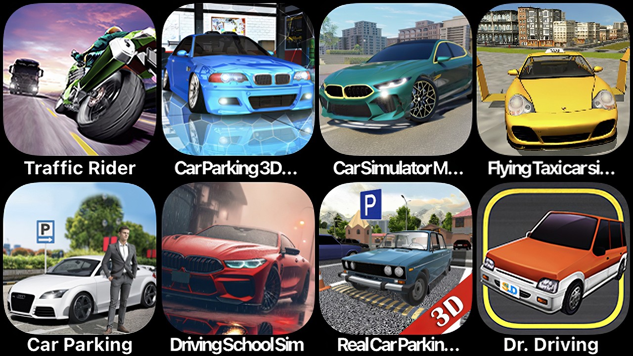 Traffic Rider, Car Parking 3D, Car Simulator, Flying Taxi Car, Car Parking, Driving School Simulator