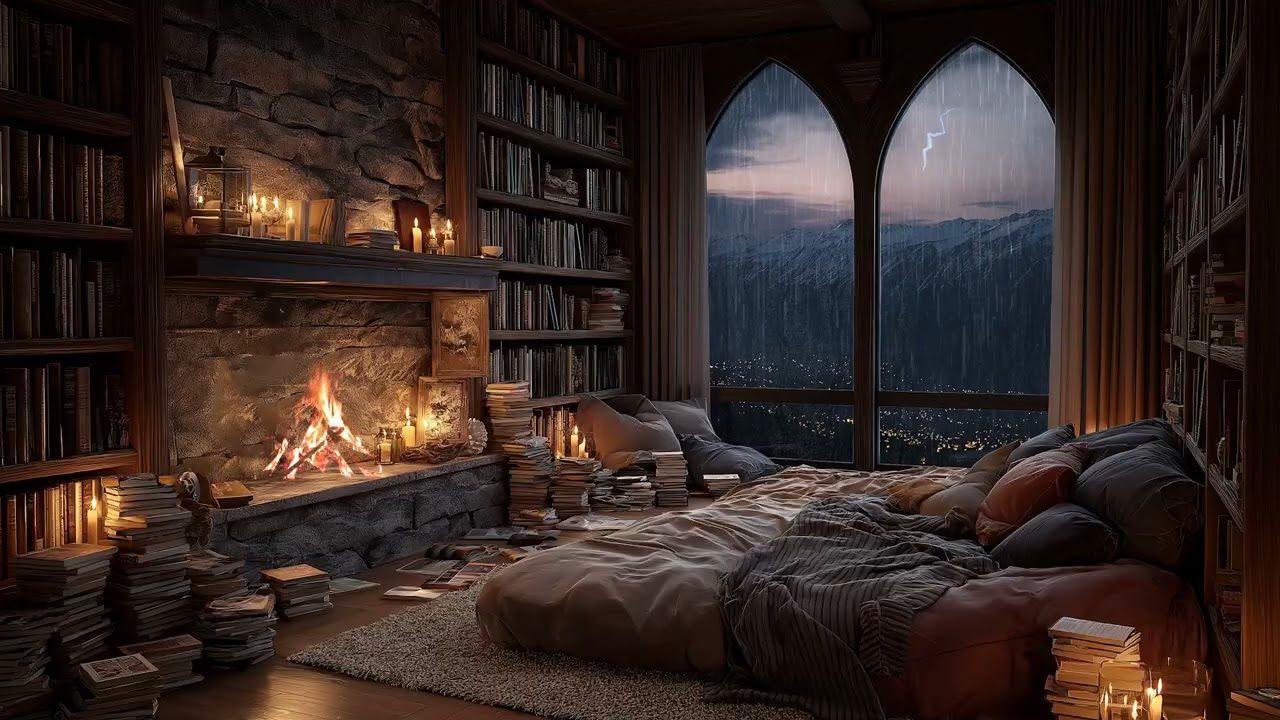 Cozy Window Rainfall at Night 🌧️ Fireplace ASMR for Deep Sleep (3 Hours)