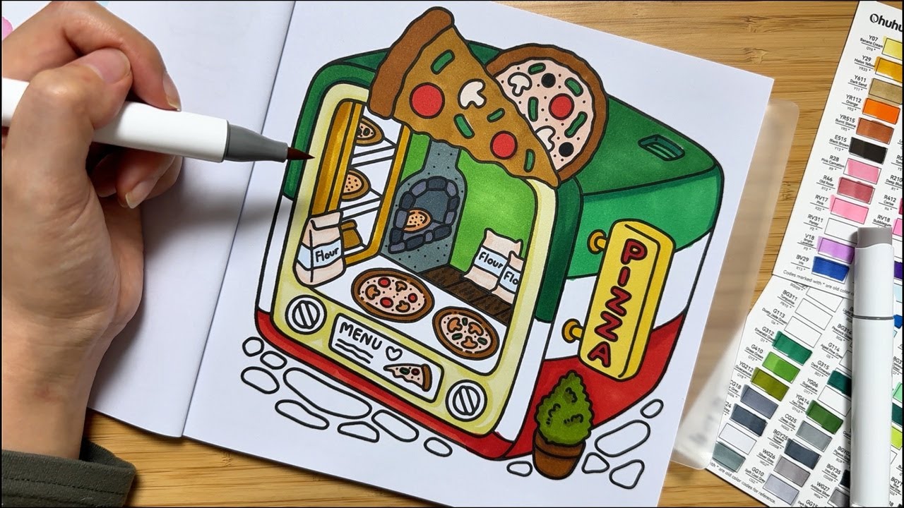 [ASMR] Color With Me  : Pizza Shop Coloring, Relaxing marker sounds, white noise