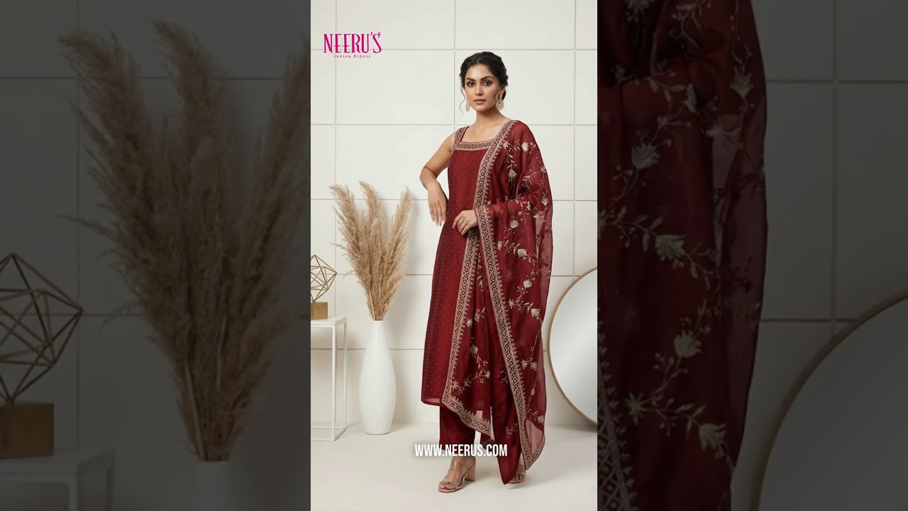 Maroon Vichitra Silk Embroidery Three Piece Set by Neerus &hearts;️