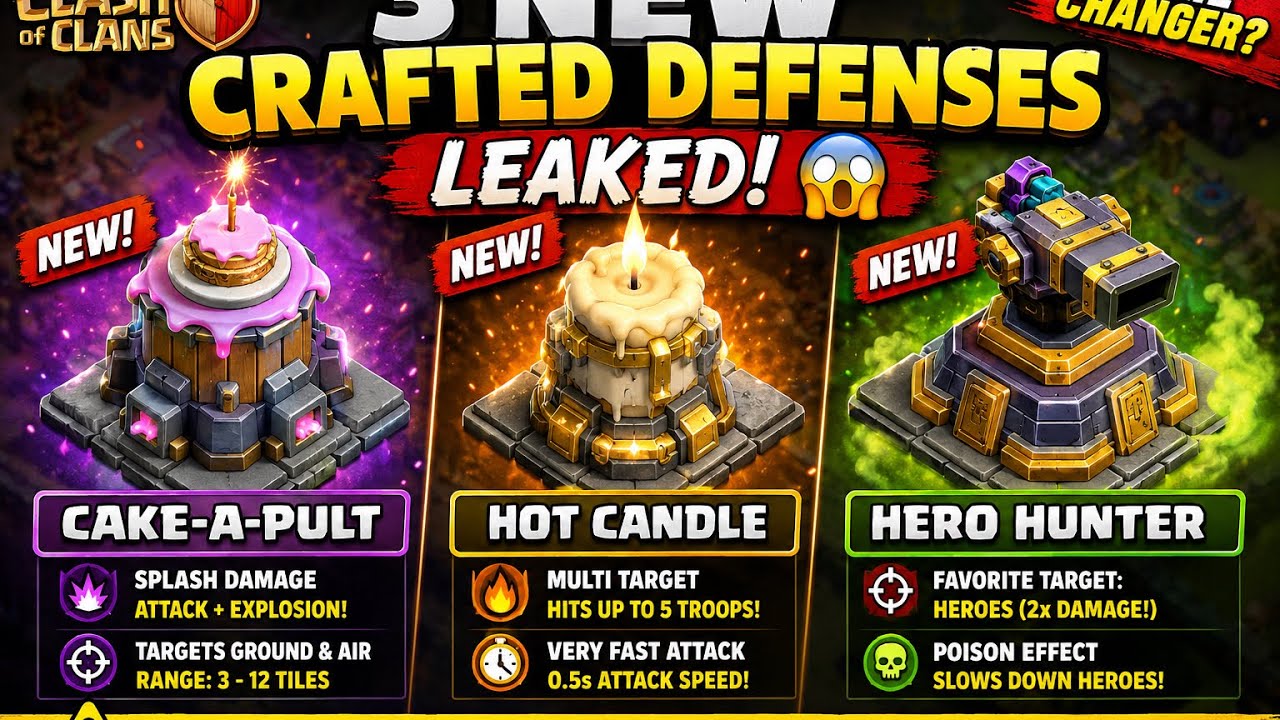 3 NEW Crafted Defenses LEAKED 😱 Hero Hunter, Hot Candle & Cake-A-Pult | Clash of Clans Hindi