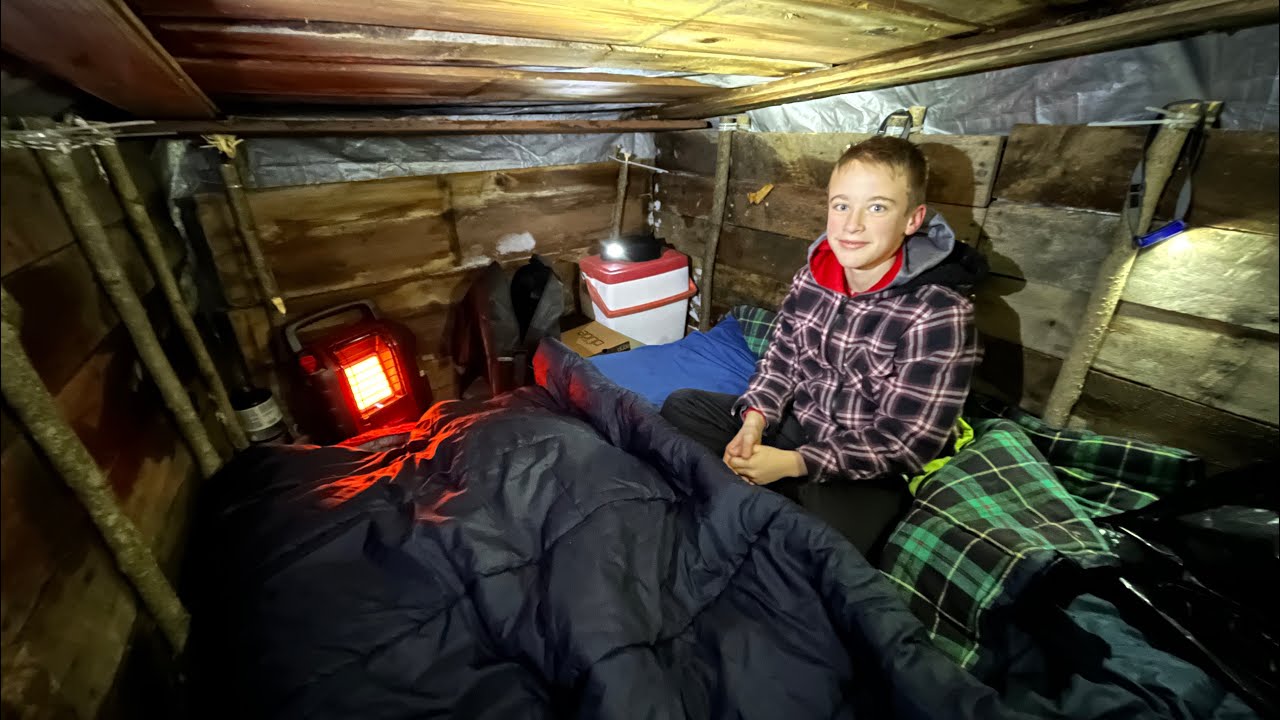 Survival Shelter - Winter Camping in Snow Storm - 24 Hour Campout