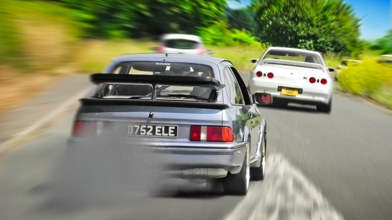 Sierra Cosworth vs. Nissan Skyline R32 GTR - HOT CHASE Leaving a Show!