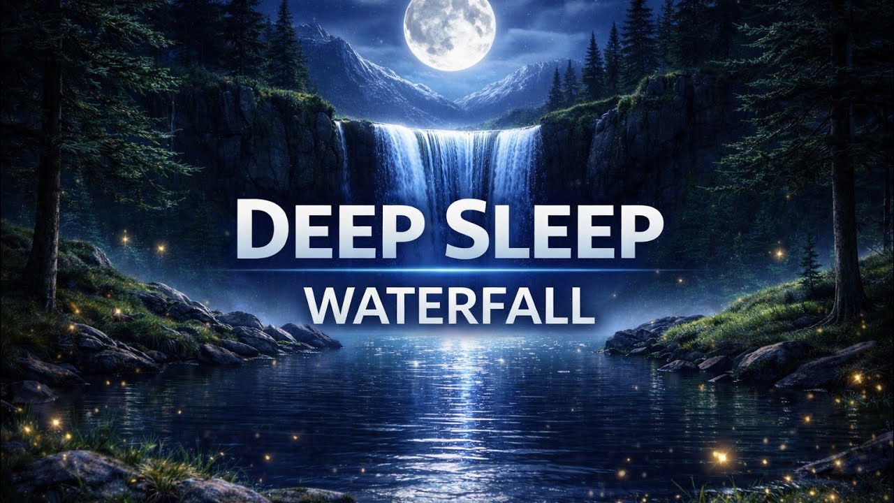 Moonlit Waterfall Ambience 🌙 |  Water Sounds, Gentle Music & Cricket Chirps for Deep Sleep