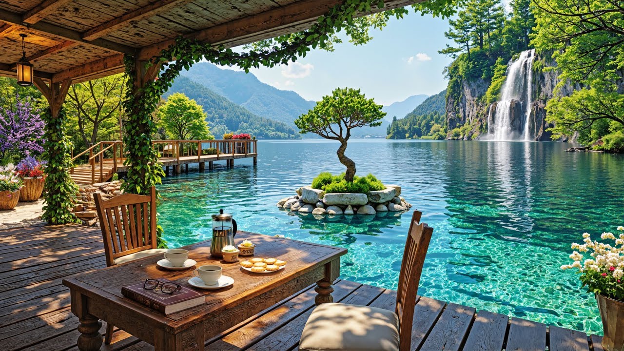 🎶 Chill Jazz Caf&eacute; with Lake View | Peaceful Waterfall & Jazz for Study and Mood